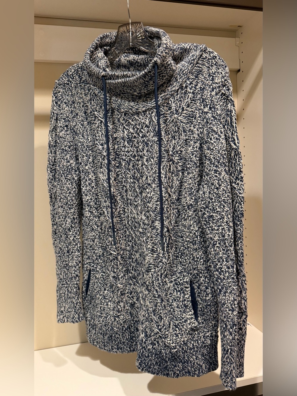 LL Bean Signature Navy & White Marled Cable Funnel Neck Pullover
